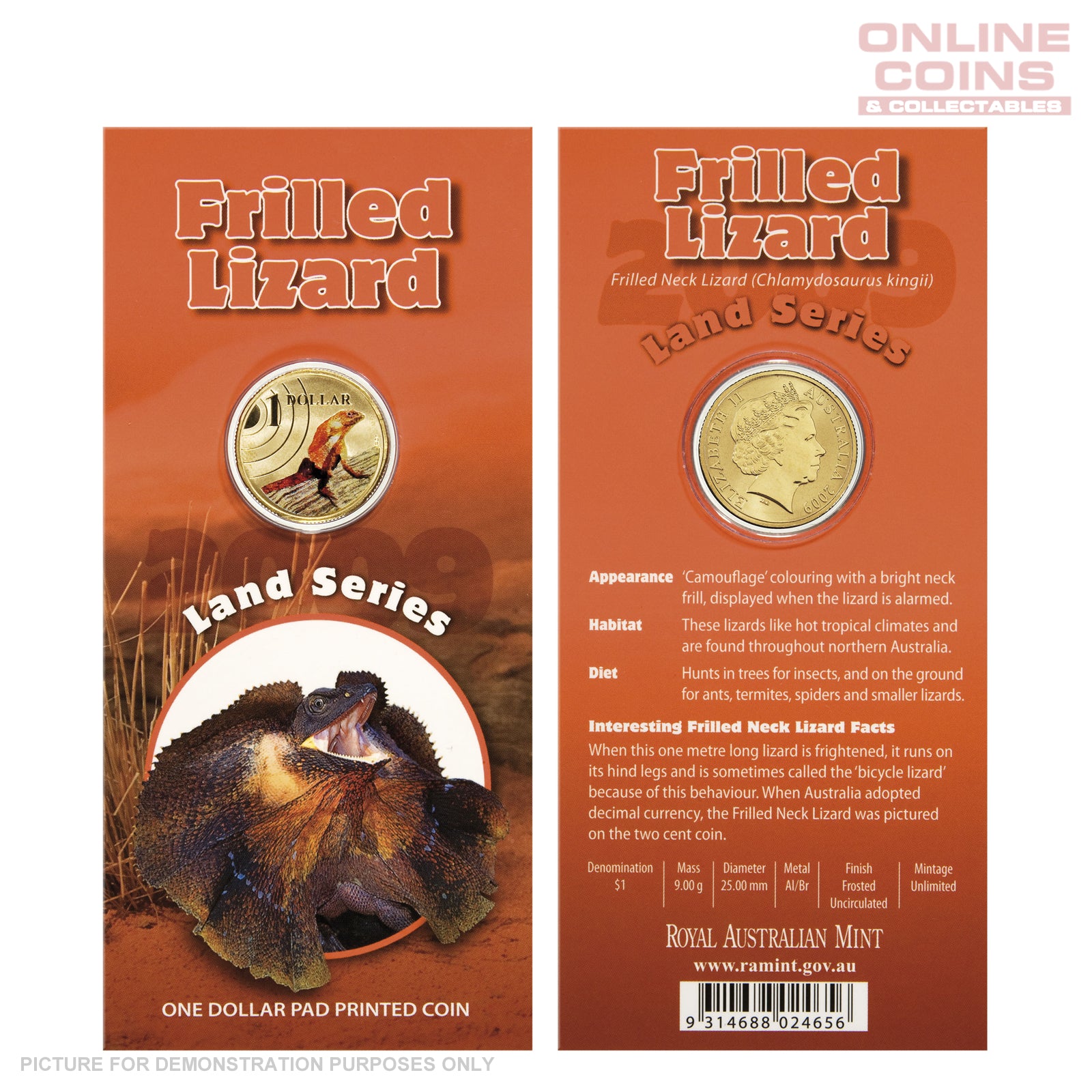 2008 $1 AlBr Uncirculated Carded Coin - Land Series - Frill Neck Lizard